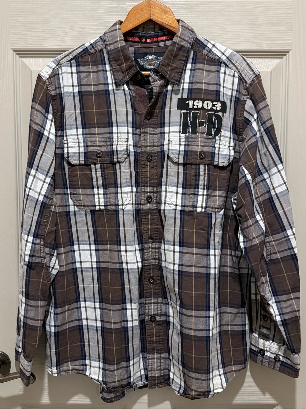 ⁠Harley Davidson Shirt Mens L Brown Plaid Skull Embroidery 1903 Vintage Style⁠